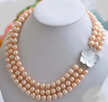 Nové prírodné ružové sladkovodné perlový náhrdelník takmer kruhový 8-9 mm 3 riadok 20 palcov