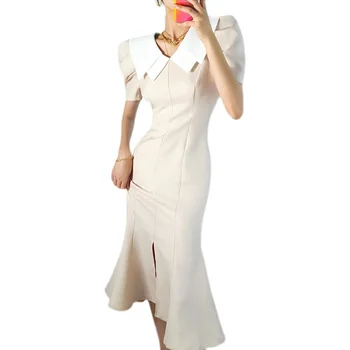 Elegantné Šaty Slim Pure Color Klope Lístkového Rukáv Štrbinou Fishtail Šaty Letné Ženy Party Šaty Formálne 2022