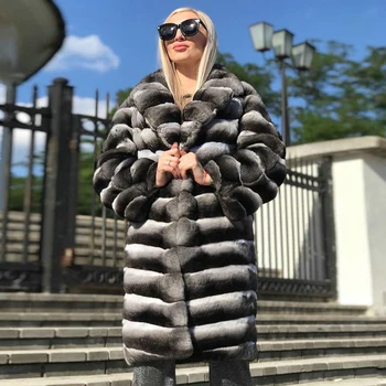 Ženy Dlho Reálne Kožušiny Kabát Zimné Móda Chinchilla Farba Originálne Rex Králik kožuchy Zase dole Golier Luxusné Kožušiny Kabát Žena