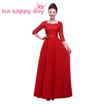 Skromný formálne plus veľkosť dlhé šaty nevesty čipky večerné šaty s rukávmi ženy červené šaty puzdro pre dámy H2727