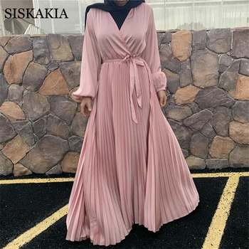 Siskakia Pevné Satin Maxi Šaty pre Ženy Jar 2021 Módy V Krku Dlhý Rukáv Skladaný Swing Turecko Qtar Omán arabčina Oblečenie