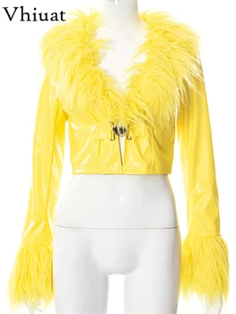 Vhiuat Vintage Módne Faux Kože, Kožušiny Patchwork Slim Bunda Ženy Oblečenie Žltá Zimné Dlhý Rukáv Kabáta, Topy Outwear 2021