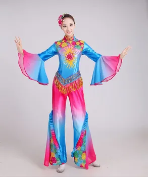 (094) Prispôsobiť žena modrá ružová čipka rukávy dievča flitrami Výšivky Čínsky classical/yangko/dáždnik/bicie/ľudové tanečné kostýmy