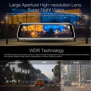 9.66 Palcový Dotykový Auto Spätné Zrkadlo DVR Kamera 2.5 D IPS 1280*480 displej + full screen dotknite sa položky 1080p predná 2MP fotoaparát nahrávanie