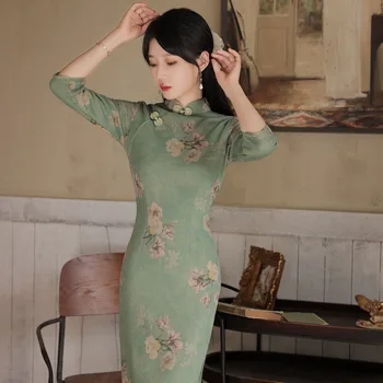 Jeseň Elegantné Stand Up Golier Uprostred Rukávy Slim Qipao Pre Ženy Čínskom Štýle Retro Moderné Lepšiu Polovice Dĺžky Qipao Šaty