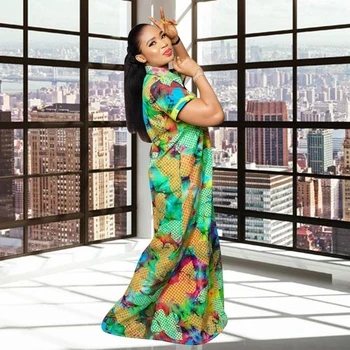 Africké Nový Štýl Tričko Šaty Pre Ženy 2021 Vysokej Kvality Krátky Rukáv Zase dole Golier Maxi Vestidos Tlač Módne Oblečenie