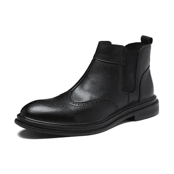 Britský štýl mužov bežné prízvukom topánky pravej kože bullock topánky sklzu na topánky čierny chelsea boot členok botas masculinas muž