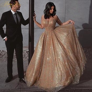 BeryLove Gold Glitter Večerné Šaty 2020 Dlho Opuchnuté Formálnej Strany Šaty SweetheartA line Prom Otvorte Zadný Flitrami Iskru Dlhé Šaty