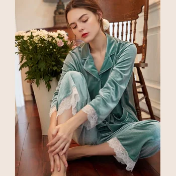 Jeseň 2021 Nové Velvet dlhým rukávom nohavice dámske pyžamo vyhovovali jednoduchý štýl dlhé pyžamo dámske domáce služby