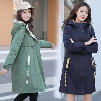 Ženy Bunda 2021 Jar Jeseň Fashion Kórea Bežné Kapucňou Windbreaker Žena Voľné Dlhý Rukáv Zákopy Srsti Ženy Kabát
