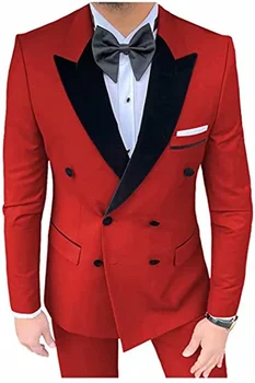 JELTONEWIN Červená Slim Fit Muži Obleky Dvojité Breasted Svadobné Groomsmen Ženícha Tuxedos Strany Prom Business 2 Ks (Bunda+Nohavice+Luk)