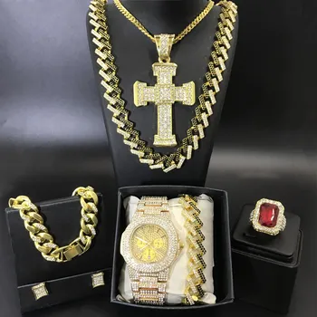 Luxusné Mužov Zlatá Farba Watch & Neckalce & Braclete & Krúžok & Náušnice Combo Ľadu Z Kubánskej Jewerly Crystal Miami Neckalce Pre Mužov