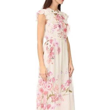 Elegantná Ružová Kvetinová Vytlačené Volánikmi Maxi Šaty pre Ženy Lete Dráhy Dizajnérov Bežné Šifón Vetement Femme 2021