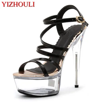 15-17 cm vysoké podpätky sandále, sexy fáze show transparentné stiletto podpätky, pól tanečné topánky