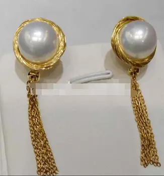 >>>>ušľachtilý šperky 11-12mm biela barokový South Sea Pearl náušnice 14k zlata bambulka