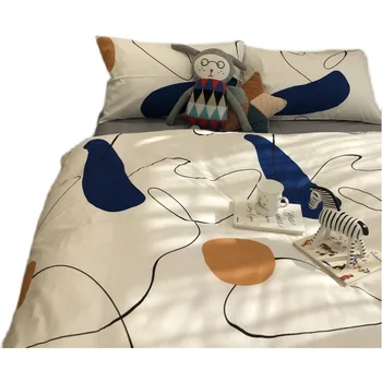 In Nordic posteľná bielizeň Nastaviť Moderný Minimalistický Perinu List Posteľ Štyri-dielna Sada z Čistej Bavlny Modrá voľnou rukou Vytlačené posteľná bielizeň
