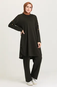 Dámske Hidžáb Oblečenie Plus Veľkosť Tlačidlo Podrobné Tunika Nohavice Double Team Spodný + Horný Novej Sezóny% 100 Vyrobené v Turecku