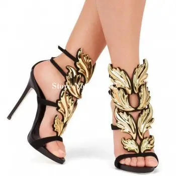 Sexy Solid Gold Leaf Módne Tenké Vysokým Podpätkom Otvorené Prst Dámy Topánky Vysokej Kvality Normálnej Veľkosti Letné Módne Sandále Ženy