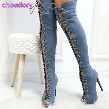 Elegantné modré džínsy nad kolená dlhé topánky šnurovacie típat prst tenké vysokým podpätkom platformu topánky stehna vysokej módy sexy party topánky