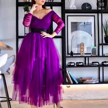 Purple prom šaty 2020 v krku ramena dlhý rukáv záhybov prehrabať viazané dlhé večerné šaty