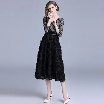 Európska stanice jeseň nový ženy šaty vysoko kvalitnej čipky patchwork strapec pierko elegantné A-line šaty žien party šaty