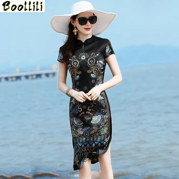 Boollili Reálne Hodváb Letné Šaty 2020 Vintage Elegantné Midi Šaty Žien Oblečenie Cheongsam Dámske Šaty Plus Veľkosť Šaty Vestidos