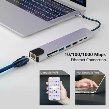 8in 1 USB C Hub Typ C Hub s HDMI, RJ45 Ethernet ,SD/TF Karty, Čítačky,USB3.0 porty pre Macbook Pro a ďalšie typ c zariadenia