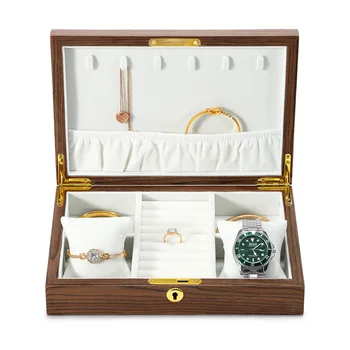 Vintage masívneho dreva šperky úložný box Krúžok Náušnice strane šperky zámok šperky box set box