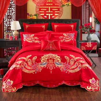 Luxusné svadobné Saténové Žakárové posteľná bielizeň sady Výšivky posteľná bielizeň Sady Čínske Červené Perinu Posteľ List obliečky na Vankúše Phoenix tanec