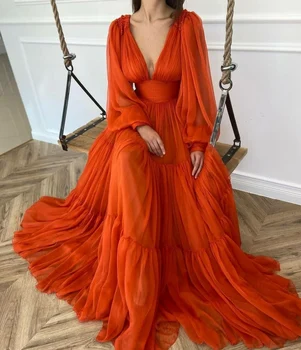 Sexy Hlboké V-Neck Dlho Orange Večerné Šaty s Rukávmi, Dĺžka Podlahy Skladaný Formálne Party Šaty pre Ženy