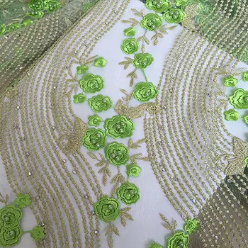 5 metrov Citrón zelené Zlato Najnovšie Afriky tylu čipky Korálkové francúzsky textílie Nigérijský oslavy boli s korálky, kamene Vysokej kvality