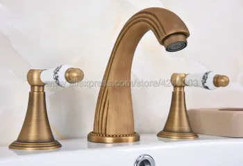 Antique Brass 3 Otvory Kúpeľňa Umývadlo Mixér Ťuknite Na Položku Rozšírené Povodí Kohútik Dvojitá Rukoväť Kúpeľňa Povodí Kohútik Kan090